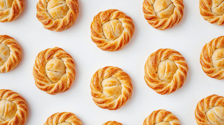 This image showcases a stunning arrangement of golden braided empanadas on a clean white background, perfect for culinary presentations and appetizing food displays.の素材