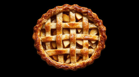 A sumptuous golden apple pie featuring a beautifully crisp lattice crust. Perfect for dessert lovers, this pie embodies warmth and classic flavor, ideal for seasonal gatherings.の素材