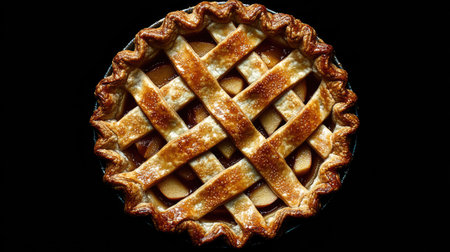 A beautifully baked golden apple pie featuring a crisp lattice crust, perfect for dessert lovers and holiday gatherings. Ideal for any occasion.の素材