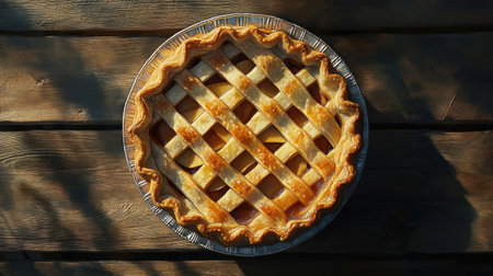 A beautifully baked golden lattice apple pie, perfect for gatherings and celebrations. This delicious dessert showcases a flaky crust and sweet filling.の素材