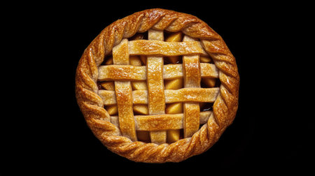 A beautifully woven apple pie featuring a golden crust, perfect for dessert lovers. Captured on a sleek black background, this pie showcases culinary artistry.の素材