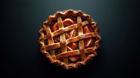 A beautifully crafted golden lattice apple pie, freshly baked to perfection. Perfect for celebrations, gatherings, or a cozy dessert at home. Enjoy!の素材