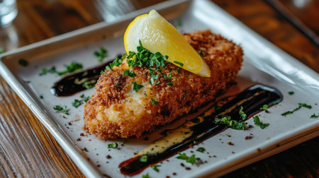 A deliciously crunchy golden breaded cutlet garnished with a slice of lemon and herbs, beautifully plated for an elegant dining experience. Perfect for food lovers!の素材