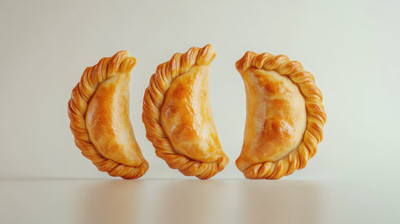 A vibrant trio of golden brown empanadas, showcasing their flaky texture and savory filling. Perfect for appetizers, snacks, or gourmet meals.の素材