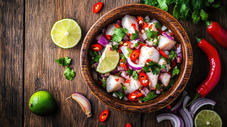 A vibrant bowl of fresh ceviche featuring raw fish, lime, and chili, garnished with cilantro and onions. Perfect for a healthy and delicious meal!の素材