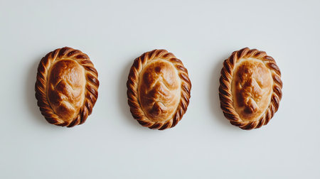 A trio of golden brown empanadas arranged elegantly against a white background, showcasing their flaky crust and delicious filling, perfect for any meal.の素材