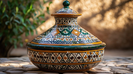 This image showcases a traditional Moroccan tagine with a vibrant design, perfect for culinary display or as a decorative piece in any setting.の素材