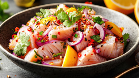 This vibrant Peruvian ceviche features fresh fish marinated in citrus, garnished with herbs and chili. Perfect for summer dining or as a gourmet appetizer.の素材