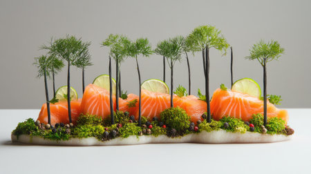 Experience a vibrant culinary presentation featuring fresh salmon slices garnished with lime and delicate herbs, perfect for elevating any dining experience.の素材