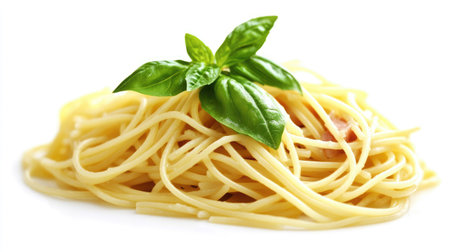 A close-up view of fresh spaghetti with ham and basil, showcasing vibrant colors and textures. Perfect for food enthusiasts and culinary presentations.の素材