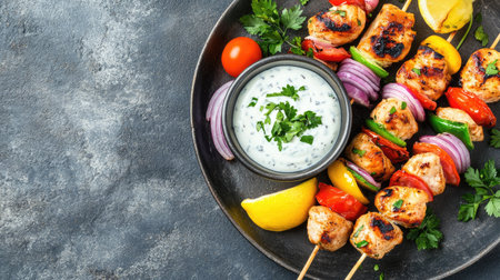 Enjoy a serving of grilled chicken skewers paired with fresh vegetables and a creamy dip. Perfect for summer gatherings or a flavorful dinner option.の素材