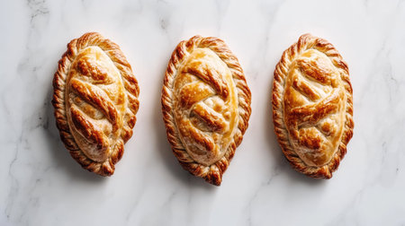 A delightful trio of golden brown empanadas beautifully arranged on a smooth marble surface. Perfect for showcasing culinary skills or enjoying a tasty treat.の素材