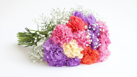 A vibrant bouquet featuring multicolored carnations and delicate fillers, perfect for celebrations, events, or as a lovely gift to brighten someone's day.の素材
