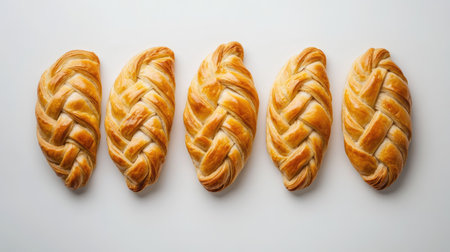 This image showcases a delightful arrangement of golden braided empanadas on a clean white surface, perfect for culinary displays or presentations.の素材