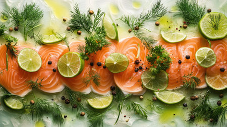 Indulge in this vibrant presentation of fresh salmon slices garnished with lime and herbs, perfect for a healthy appetizer or gourmet meal.の素材