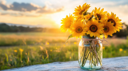 A beautiful arrangement of bright yellow sunflowers in a clear glass jar, set against a stunning sunset backdrop, showcasing nature's vibrant colors.の素材