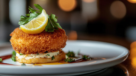 Enjoy a visually captivating crispy breaded cutlet garnished with fresh lemon and herbs, elegantly plated to highlight its gourmet appeal. Perfect for food lovers!の素材