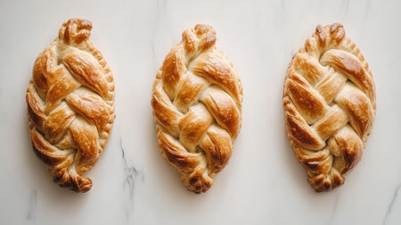 This image features a trio of golden brown empanadas beautifully arranged on a marble surface. Perfect for showcasing delicious snacks or gourmet cuisine.の素材