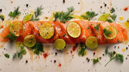 A vibrant arrangement of fresh salmon slices with lime, herbs, and spices, perfect for culinary delights. Ideal for cooking presentations and gourmet dishes.の素材