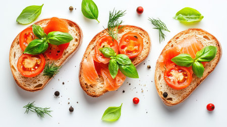 Vibrant slices of bread topped with fresh smoked salmon, tomatoes, and herbs create a delightful culinary presentation. Perfect for appetizers or healthy snacks.の素材