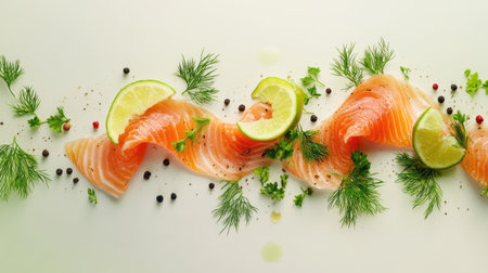 Beautifully arranged salmon slices with fresh lime and herbs create a vibrant culinary masterpiece, perfect for any gourmet dish or presentation.の素材