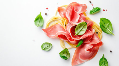 A vibrant dish featuring fresh spaghetti paired with delicate slices of ham and garnished with basil leaves, perfect for an elegant dining experience.の素材