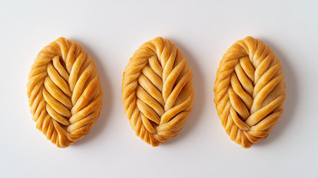Delight in the visual appeal of three golden brown empanadas, beautifully braided and perfectly baked, ideal for culinary presentations and food photography.の素材