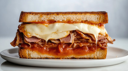 A close-up view of a delicious Francesinha sandwich showcasing layers of savory meats, melted cheese, and rich sauce, perfect for food lovers.の素材