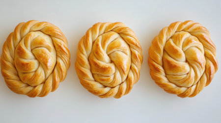 A tempting trio of golden brown braided empanadas arranged on a clean white surface, showcasing their delightful texture and appetizing appearance. Perfect for food photography or culinary presentations.の素材