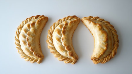 Indulge in the sight of these beautifully crafted golden brown empanadas, perfect for any meal or snack portion. Their intricate design makes them visually appealing.の素材