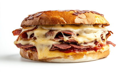 A mouth-watering gourmet sandwich featuring layers of meat and melted cheese, served on crispy bread. Perfect for any meal or snack craving.の素材