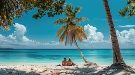 A couple enjoying a beach picnic under a palm tree, with the turquoise sea and a cloudless summer sky creating a picturesque scene.の素材