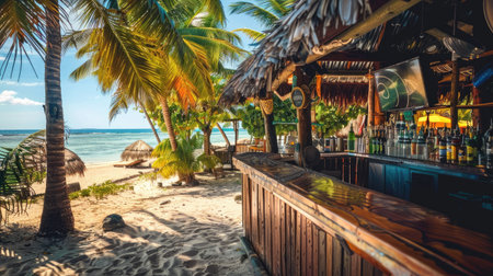 A beachfront bar with tropical drinks and palm trees, creating the perfect setting for a laid-back summer vacation.の素材