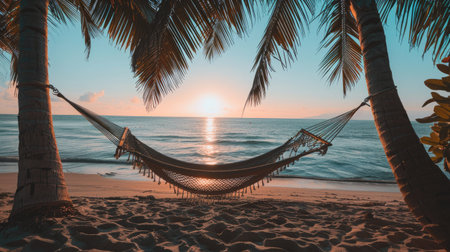 A hammock strung between two palm trees on a beach, with a serene sea view and the sun setting in the background.の素材