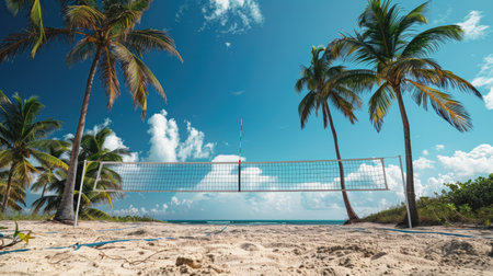A beach volleyball net set up between palm trees, ready for a fun and active summer vacation day.の素材