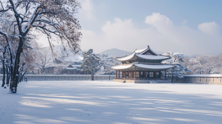 A peaceful winter day at Gyeongbokgung Palace, with snow blanketing the historic grounds.の素材