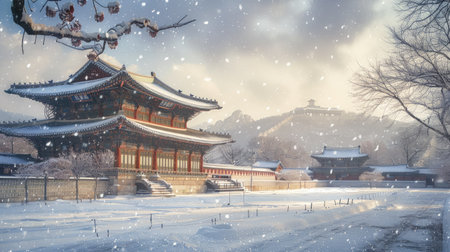 A quiet winter morning at Gyeongbokgung Palace, with snow gently falling on its historic structures.の素材