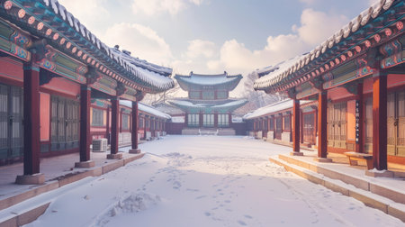 A quiet, snowy courtyard in Gyeongbokgung Palace, with intricate architecture dusted in white.の素材