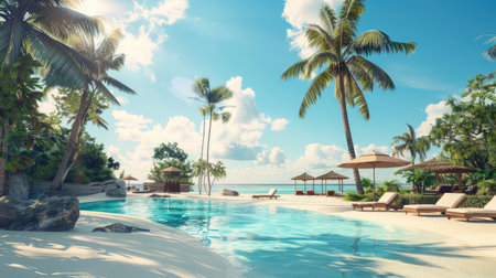 A luxurious beach resort with palm trees, sparkling pools, and beach chairs, ready to welcome guests for a summer getaway.の素材