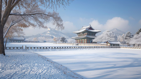 A peaceful winter day at Gyeongbokgung Palace, with snow blanketing the historic grounds.の素材