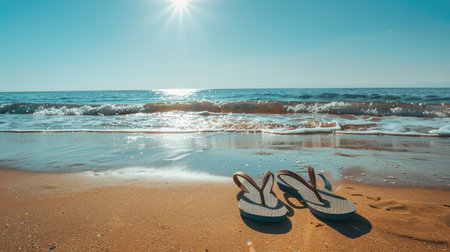 A pair of flip-flops left on the sandy beach, with gentle waves rolling in and the sun shining brightly in the clear sky.の素材