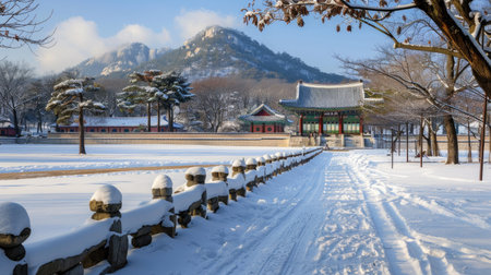 A peaceful winter day at Gyeongbokgung Palace, with snow blanketing the historic grounds.の素材