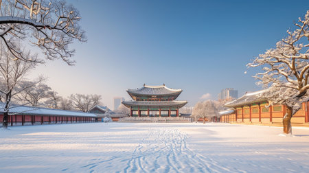 A peaceful winter day at Gyeongbokgung Palace, with snow blanketing the historic grounds.の素材