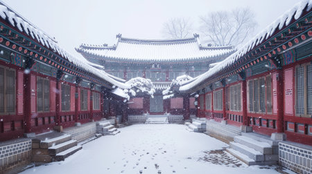 A quiet, snowy courtyard in Gyeongbokgung Palace, with intricate architecture dusted in white.の素材