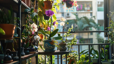 A balcony garden with Thai ceramic planters and hanging orchids, bringing Thai botanical beauty to urban living.の素材