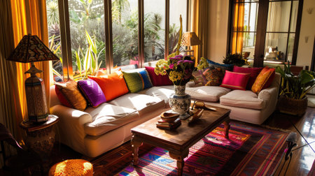 A cozy family room with a Thai-inspired coffee table and colorful Thai silk throw pillows, fostering warmth."の素材
