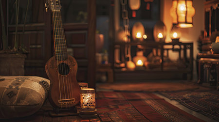 A cozy corner in a Thai living room with a traditional Thai musical instrument and soft lighting, evoking cultural appreciationの素材