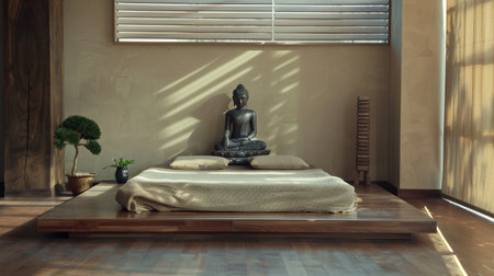 A minimalist bedroom with a Thai-style bed frame and serene Buddha statues, creating a tranquil atmosphere."の素材