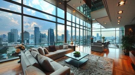 A contemporary Thai living room with floor-to-ceiling windows and panoramic city views, blending urban chic with cultural elements.の素材