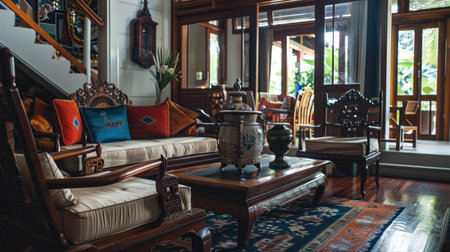A kitchen with Thai ceramic tiles and vibrant Thai spices displayed on the counter, celebrating Thai culinary heritage."の素材